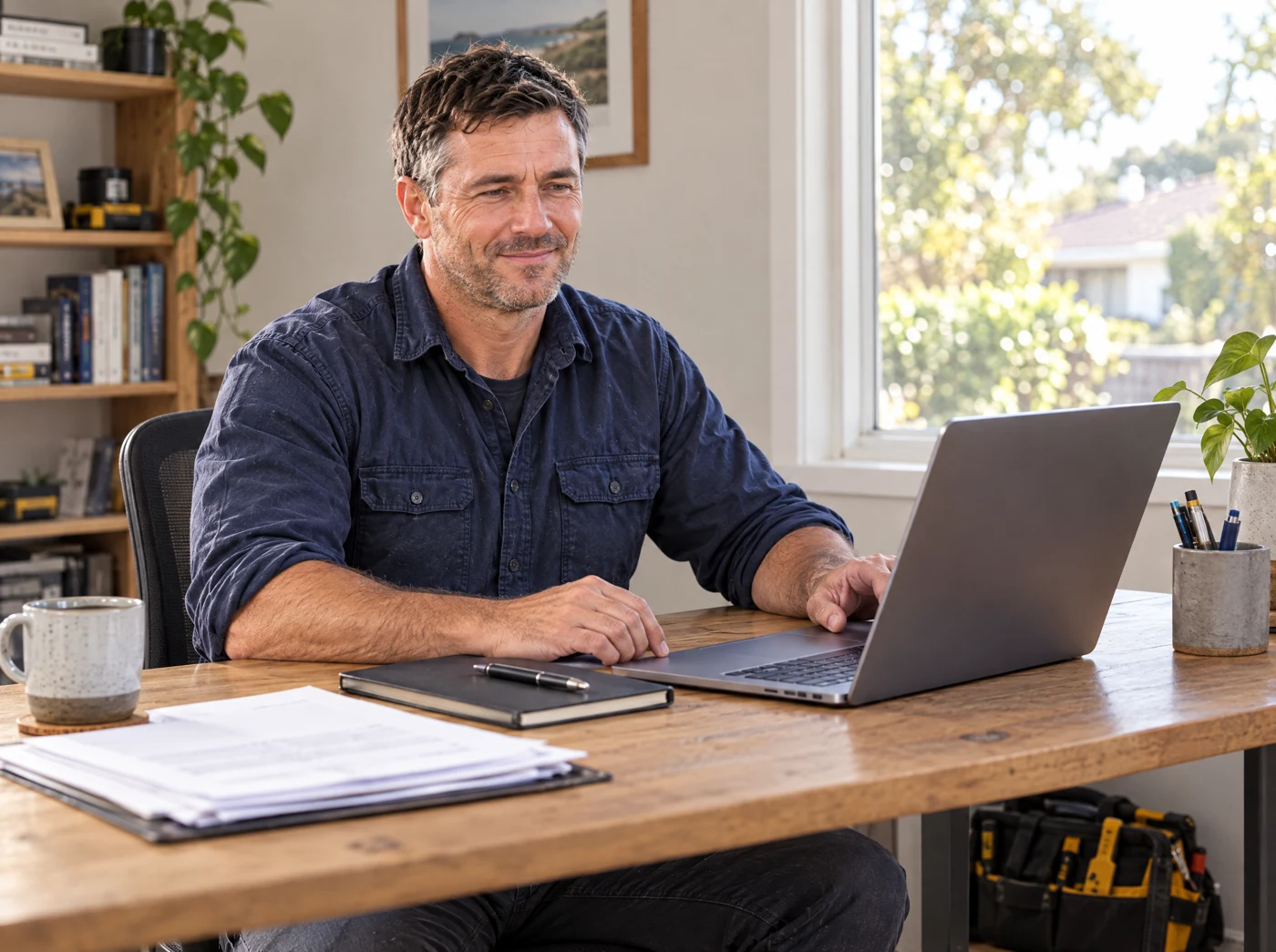 The electrician from the hero reviewing his business records on a laptop at home.